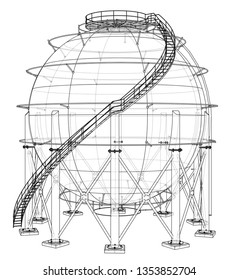 Spherical gas tank outline. Vector rendering of 3d. Wire-frame style. The layers of visible and invisible lines are separated