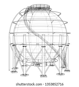 Spherical gas tank outline. Vector rendering of 3d. Wire-frame style. The layers of visible and invisible lines are separated