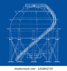 Spherical gas tank outline. Vector rendering of 3d. Wire-frame style. The layers of visible and invisible lines are separated