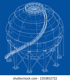 Spherical gas tank outline. Vector rendering of 3d. Wire-frame style. The layers of visible and invisible lines are separated
