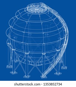 Spherical gas tank outline. Vector rendering of 3d. Wire-frame style. The layers of visible and invisible lines are separated