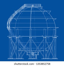 Spherical gas tank outline. Vector rendering of 3d. Wire-frame style. The layers of visible and invisible lines are separated