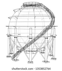 Spherical gas tank outline. Vector rendering of 3d. Wire-frame style. The layers of visible and invisible lines are separated