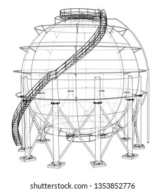 Spherical gas tank outline. Vector rendering of 3d. Wire-frame style. The layers of visible and invisible lines are separated