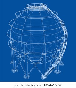 Spherical gas tank outline. Vector rendering of 3d. Wire-frame style. The layers of visible and invisible lines are separated