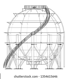 Spherical gas tank outline. Vector rendering of 3d. Wire-frame style. The layers of visible and invisible lines are separated