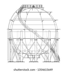 Spherical gas tank outline. Vector rendering of 3d. Wire-frame style. The layers of visible and invisible lines are separated