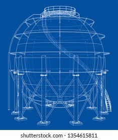 Spherical gas tank outline. Vector rendering of 3d. Wire-frame style. The layers of visible and invisible lines are separated