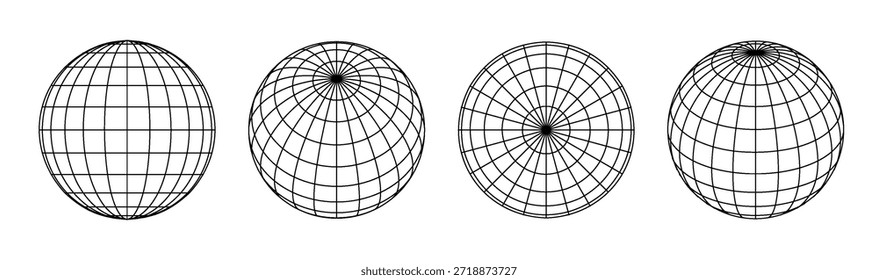 Kugelförmige Gitterkugel formt PNG-Set. Gestreifte 3D-Drahtmodell Erde Globus abstrakte Vektorsymbole