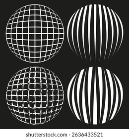 Spherical grid shape. Optical illusion sphere. Geometric contour object. Vector black design.