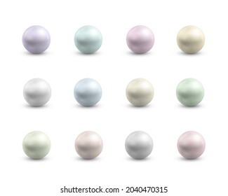 Spherical pearls of different colors. Round colored nacre, precious gem. Set of metal balls.