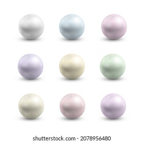 Spherical pearls of different colors. Round colored nacre, precious gem. Set of metal balls.