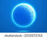 Spherical protective energy dome on blue background. Shield of cybersecurity, internet safety, healthcare.