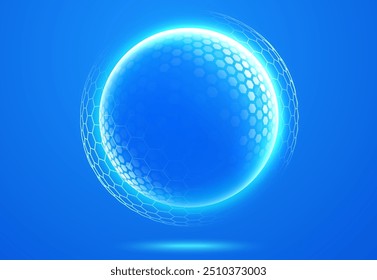 Spherical protective energy dome on blue background. Shield of cybersecurity, internet safety, healthcare.