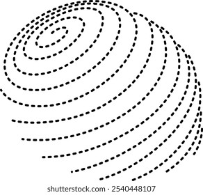 Se crea una forma esférica a través de líneas concéntricas punteadas que se espiran hacia afuera desde un punto central, creando una ilusión tridimensional de una cúpula o hemisferio. 