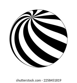 Forma esférica con rayas blancas y negras retorcidas. Modelo de esfera 3D. Balón moderno aislado en el fondo blanco. Figura global en perspectiva. Ilustración vectorial.