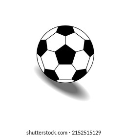 Spherical shaped soccer ball with slanted shadow underneath. Size 5 classic soccer ball icon or logo for playing football. Monochrome spotted sphere with black pentagons and white hexagons. Flat style