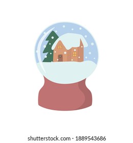 Icono esférico del globo de nieve que representa Navidad y Año Nuevo con una casa cubierta de nieve y un árbol de Navidad, en un frío fondo de invierno azul. Ilustración dibujada a mano por vectores.