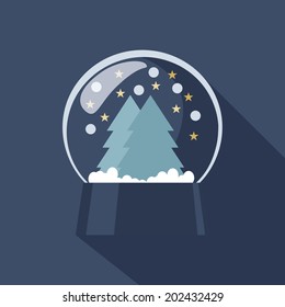 Spherical Snow Globe icon depicting Christmas and New Year with sparkling snowflakes suspended above forest trees on a cold blue winter background