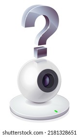 Spherical White Webcam With Its Lens Pointing To The Right On Which A Metallic 3D Question Mark Is Posed (cut Out)