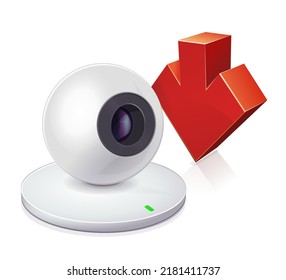 Spherical White Webcam With Its Lens Pointing To The Right With A Downward Red 3D Arrow In The Background