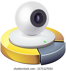 Spherical white webcam on a gold and silver pie chart (cut out)