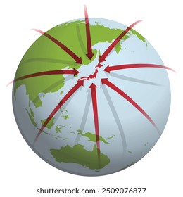 Mapa do mundo esférico com setas vermelhas reunindo no Japão de todo o mundo vetor ilustração