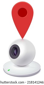 Spherically shaped white webcam with its lens pointing to the right with a red map geolocation marker