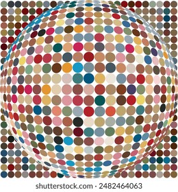 Spherized big halftone dots creating illusion of 3D ball shaped pattern filled with random colors