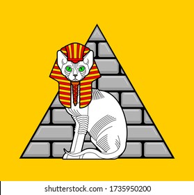 Gato esfinge y pirámide egipcia. Animal sagrado de Egipto. Señal de mascota mística secreta