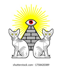 Sphinx cat and Egyptian pyramid. Sacred animal of Egypt. Secret mystic pet sign