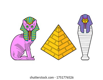 Sphinx cat and Egyptian pyramid set. Sacred animal of Egypt. Secret mystic pet sign