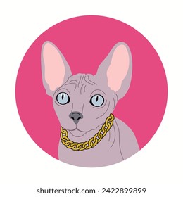 Cara de gato esfinge. Retrato de mascota linda. Ilustración vectorial dibujada a mano aislada en fondo blanco, estilo de caricatura plana.