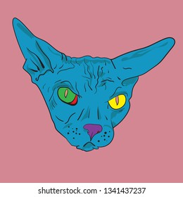 Sphinx cat face. Swag fashion cat. Acid color cat  - Vector