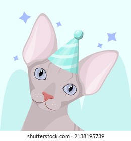 A sphinx cat with a festive cap. Cartoon design.
