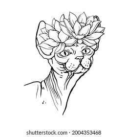 Sphinx cat with flowers. Coloring book for adults. Hand-drawn illustration. Vector.