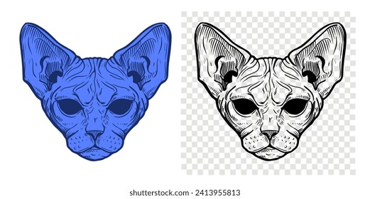 Sphinx cat, hairless cat, oriental, vector black and white illustration, elements for print design for t-shirt, tattoo