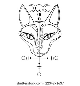 Sphinx cat head with accult symbol triune moon Logo,icon emblem template.Portrait of sphinx cat Line art drawing with mystical symbols.Tattoo idea.Design for t shirts,poster.Vector graphics