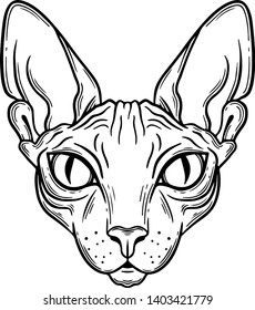 Sphinx cat head line art, vector illustration isolated on white. Sketch style hand drawn. Wiccan familiar spirit, halloween or pagan witchcraft theme