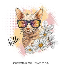 Sphinx cat head in sunglasses and flowers. Hello lettering quote. Hand drawn style print. Vector illustration isolated on white. T-shirt composition, print, design, stickers, sublimation, decor