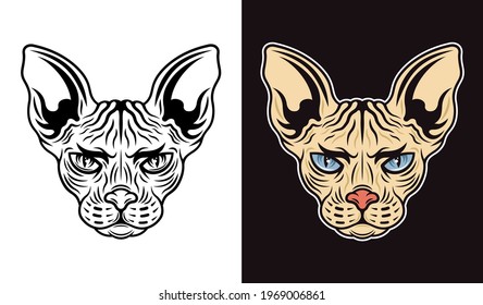 Sphinx cat head vector in two illustration styles, black on white and colored on dark background