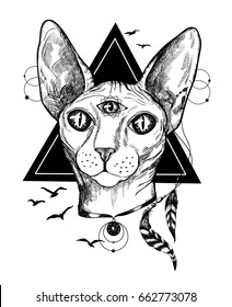 sphinx cat with piercing and third eye on triangle background. Feathers and flying crows, portrait steam punk cat in etching style, isolated. Cool print on T-shirt, Tattoo cat