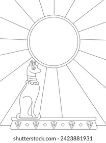 El gato esfinge y el sol. Dios Sol, Egipto. página de coloreado, ilustración vectorial en blanco y negro.