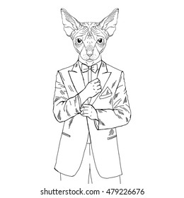 sphinx cat with tattoo dressed up in tuxedo, anthropomorphic illustration, fashion animals