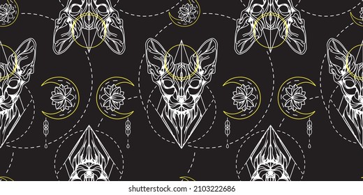 Sphinx cat tattoo pattern seamless. Banner with cat, moon and lotus tattoo. Seamless trending background. black ink tattoo. bald graphic cat, geometric shapes. pattern and banner included