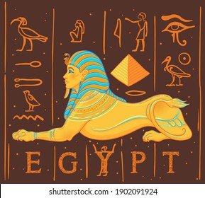 Esfinge, criatura mítica egipcia con cabeza de ser humano, cuerpo de león y alas. Ilustración de contorno vectorial de vintage dibujada a mano. Lámpara de tatuaje, diseño de camisetas o afiches, postal. Historia de Egipto. 