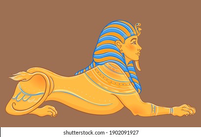 Sphinx, Egyptian mythical creature with head of human, body of lion and wings. Hand-drawn vintage  vector outline illustration. Tattoo flash, t-shirt or poster design, postcard. Egypt history. 