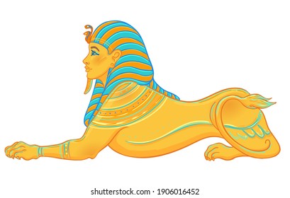 Sphinx, Egyptian mythical creature with head of human, body of lion and wings. Hand-drawn vintage  vector outline illustration. Tattoo flash, t-shirt or poster design, postcard. Egypt history. 