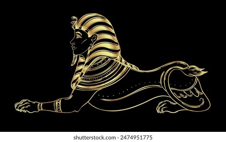 Sphinx, Egyptian mythical creature with head of human, body of lion and wings.Hand-drawn vintage vector outline illustration in gold over black. Egyptian sacred wall art logo design