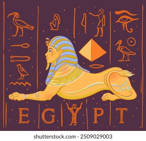 Sphinx, Egyptian mythical creature with head of human, body of lion and wings. Hand-drawn vintage vector outline illustration. Tattoo flash, t-shirt or poster design, postcard.